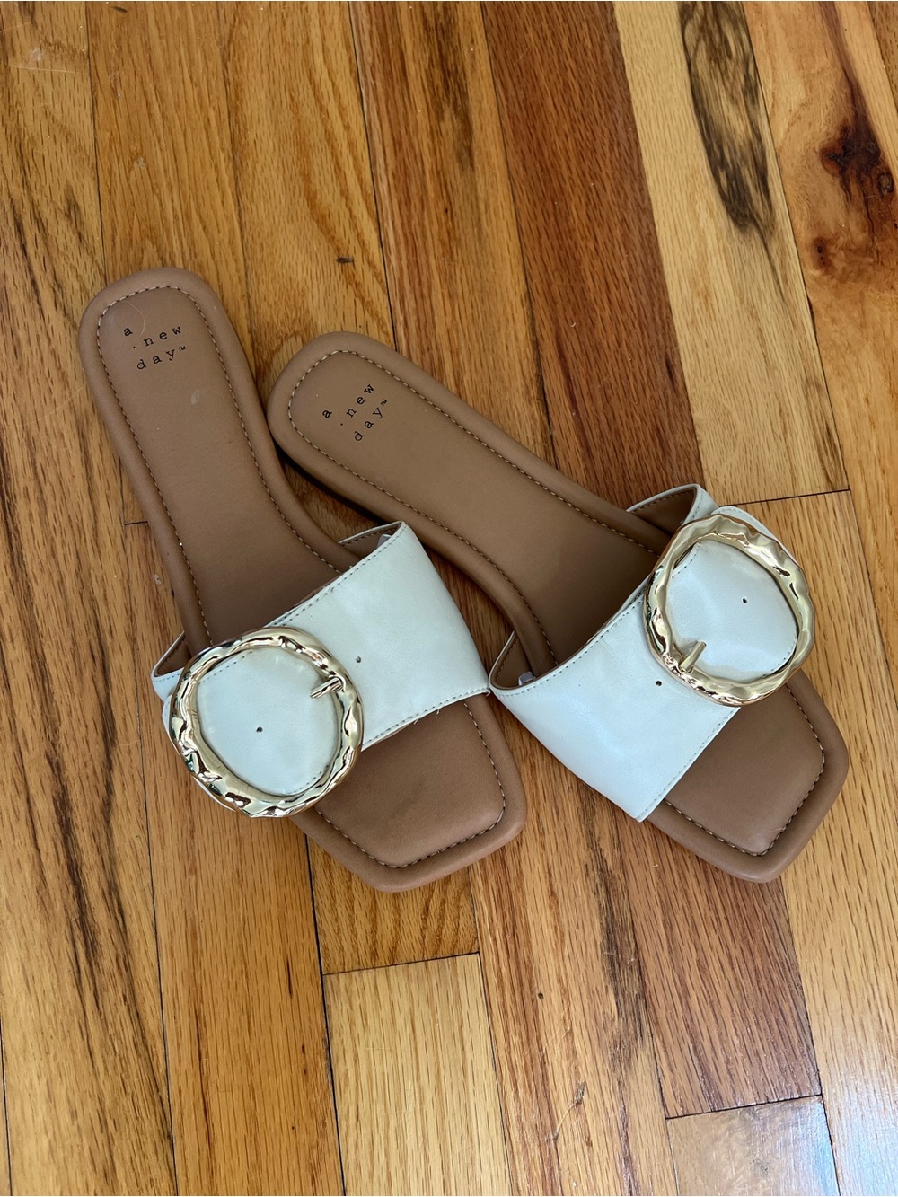 3/$15 a new day White Slide Sandals with Gold Accent Buckle
